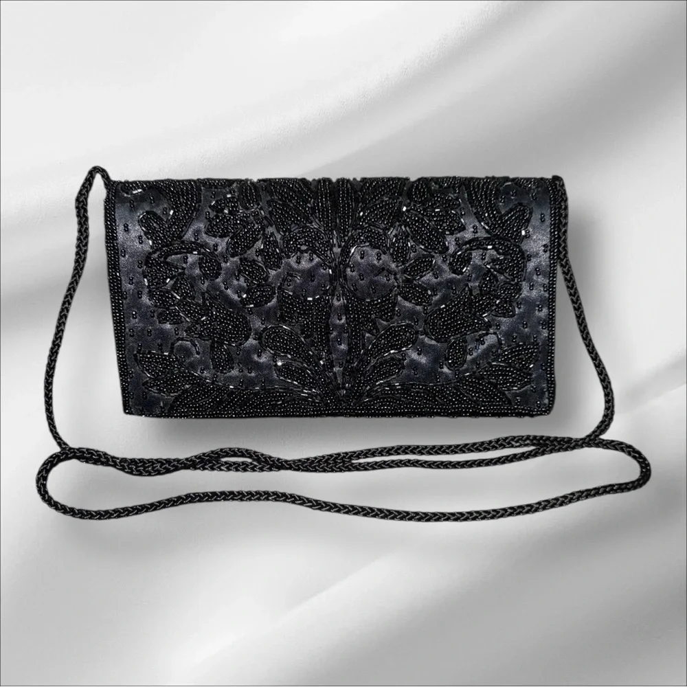 Vintage Valerie Stevens EUC Black Bead Satin Evening Bag Clutch - Picture 1 of 7